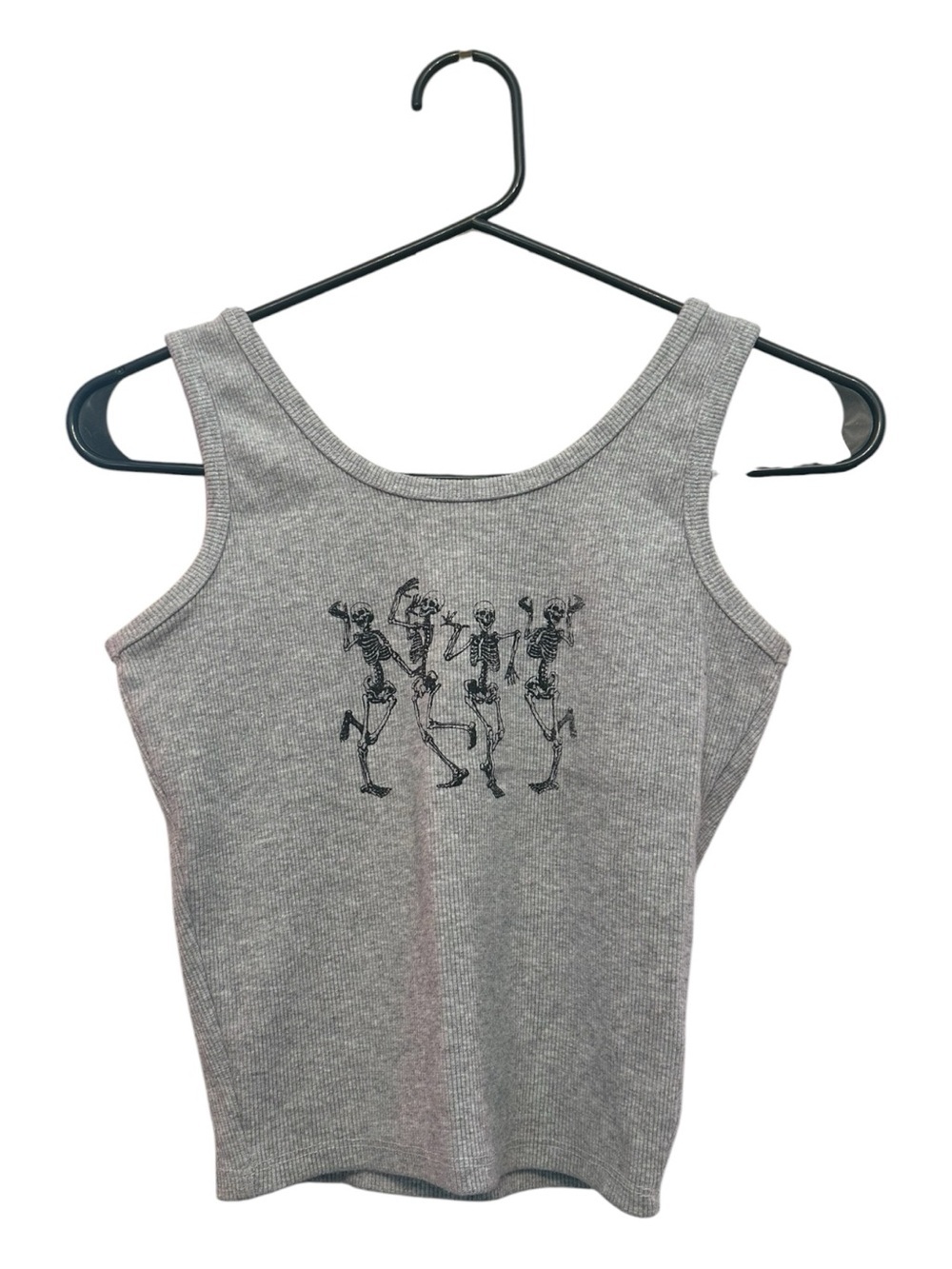 Obsessive Love Gray Ribbed Cotton Tank Crop Top with Skeleton Graphic Small